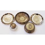 Three white metal coin set pin trays - sold with a silver topped glass pill jar and a French white