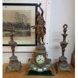 A 19th Century French green onyx and spelter clock garniture, the clock with classical female figure