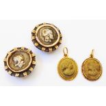 A pair of unmarked yellow metal mounted cameo drops - sold with two ancient coin set lapel badges