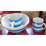 A T.G. Green Cornishware mixing bowl and two jugs - green mark