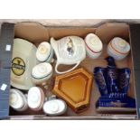 A box containing a quantity of breweriana including miniature sherry barrels, Janneau figural
