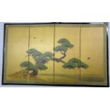 A 1920's Japanese miniature four fold table screen with hand painted tree design
