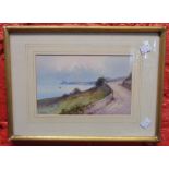 †H. W. Hicks: a gilt framed gouache painting, depicting a coastal view with headland in distance -