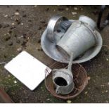 A collection of assorted galvanized gardening items including buckets and watering can, etc.