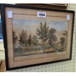 An ebonised framed antique hand coloured print, depicting a view of the Elysian Fields from the