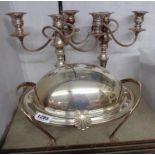 A pair of 11" silver plated copper three branch candelabra with detachable nozzles - sold with a