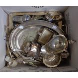 A box containing a quantity of silver plated items including trays, condiments, gravy boats and