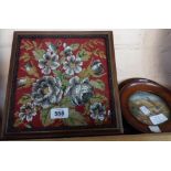 A beadwork table stand - sold with three miniature embroideries in circular frames