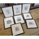 Eight framed hand coloured engraving cycling prints in two sizes