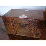 A 9" Victorian inlaid walnut twin compartment tea caddy with two bands of Tunbridge style decoration
