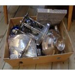 A box containing quantity of silver plated items including sandwich stand, serving dishes, cruet and