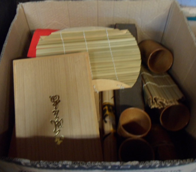 A box of oriental brush pots and other artist's items