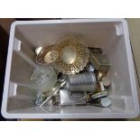 A crate containing assorted silver plated and other items including pierced dishes, etc.