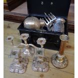 A deed box containing a silver plated Jersey can, tankard, toast rack, souvenir notebook, etc. -