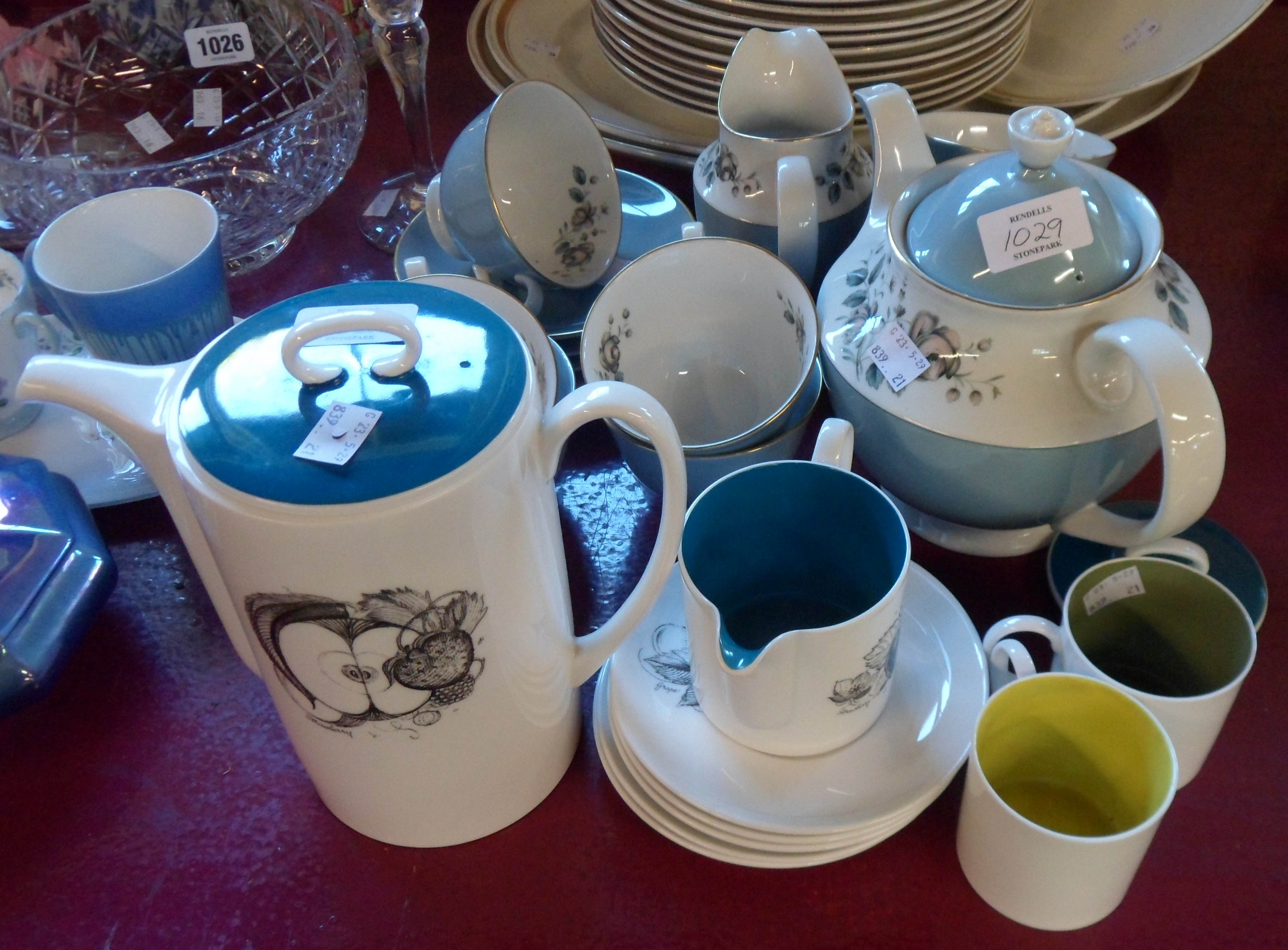 A part Susie Cooper coffee set including pot - sold with a part Royal Doulton Rose Elegans tea set