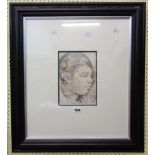 †R.O. Lenkiewicz: an ebonised framed pen and ink study of a head - signed, dated 1960 and titled "