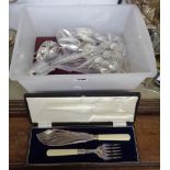 A quantity of cased and loose silver plated cutlery including fish servers, meat skewers, etc., also