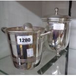 Two silver plated ice buckets, one with push-fit lid and strainer, both with associated tongs