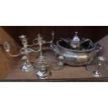 A silver plated insulated ale jug - sold with a large bowl base and two pairs of candlesticks and