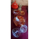 A collection of glassware including carnival ware, Brandy glass, etc.