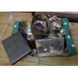 A box containing a quantity of silver plated items including gallery tray, entree dish, teapot,