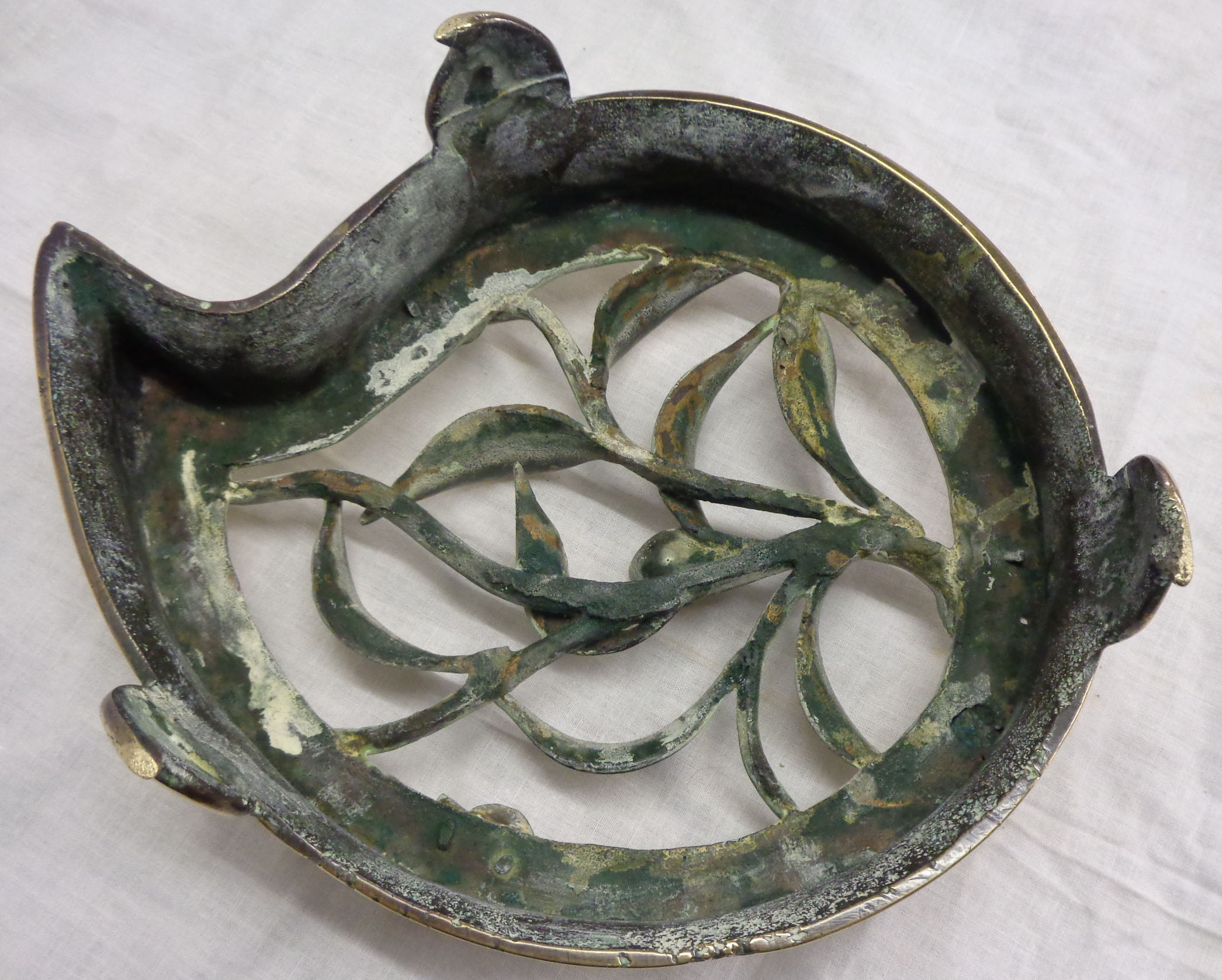 An antique Chinese bronze censer of asymmetric form with engraved air dragon and meandering - Image 12 of 13