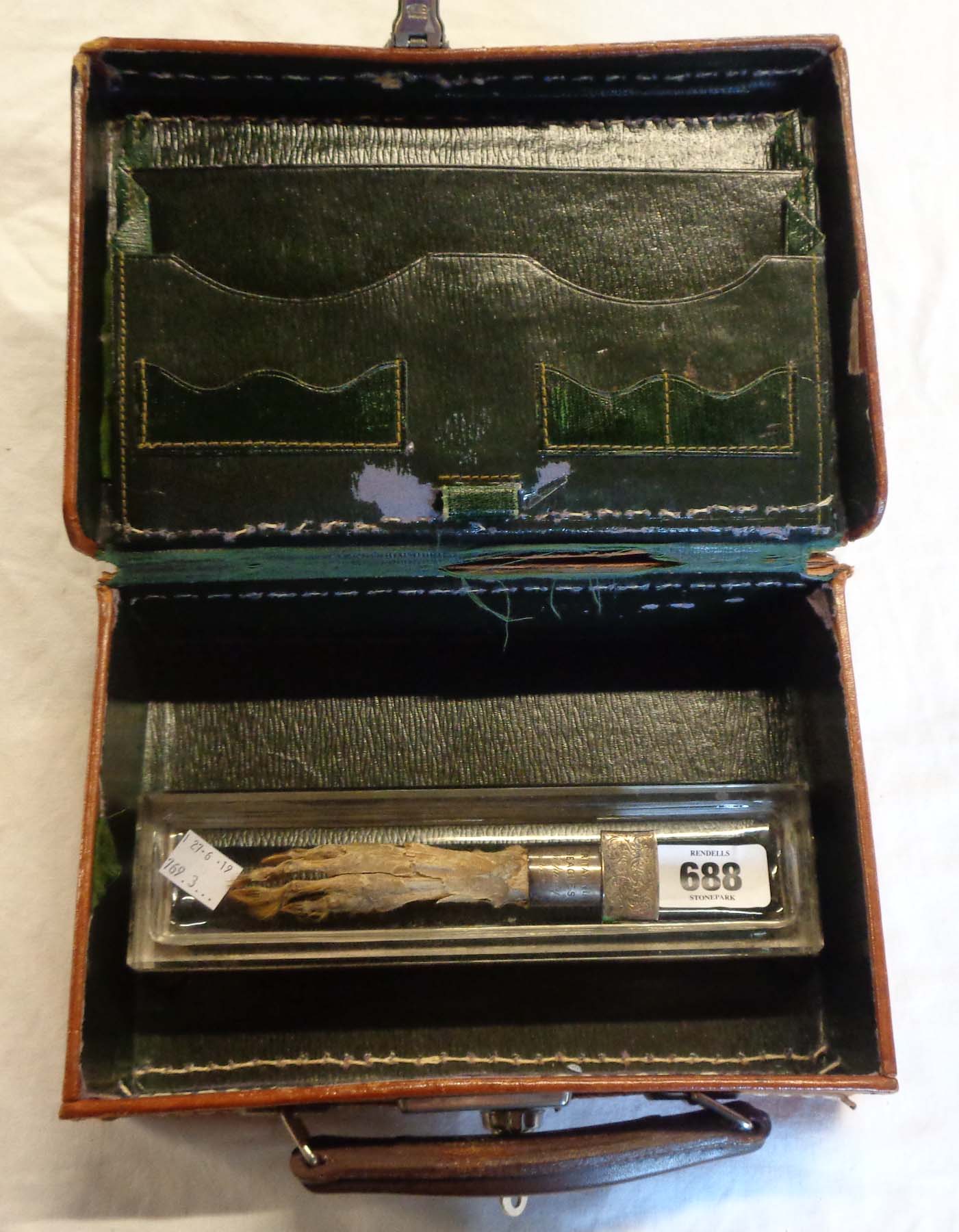 A small leather case, glass pen tray and a late Victorian engraved white metal paper knife handle