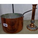A copper saucepan - sold with a copper and pewter candlestick