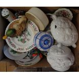 A box containing ceramics including tureen, egg cups, etc