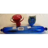 A Bristol blue glass salt bar rolling pin - sold with a M'dina owl and signed mushroom paperweight