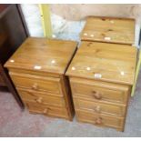 Three 16" matching pine three drawer bedside chests - for re-polishing