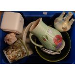 A box of various ceramics including a pig pattern match striker