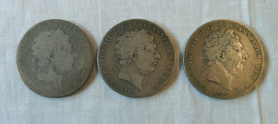 Three 1818 George III silver Crowns - FR, AG, VG