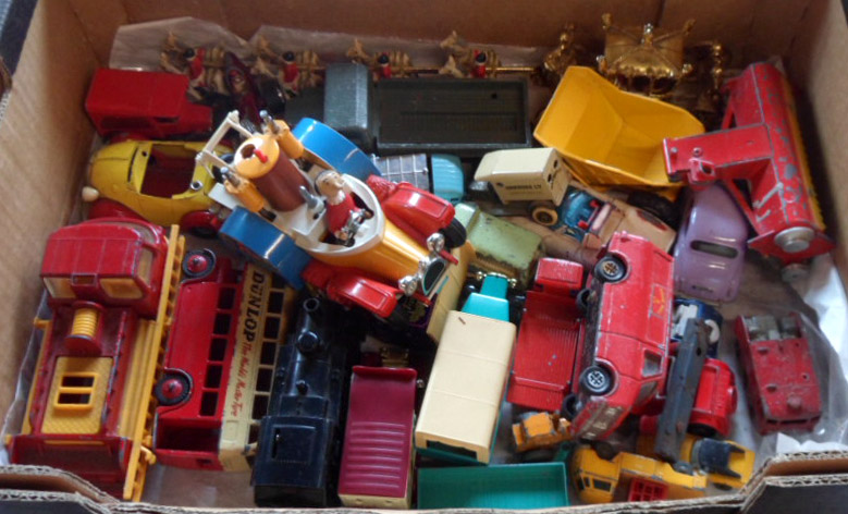 A quantity of die cast toys including 1953 Crescent, Coronation Coach and horses, Corgi Popeye and