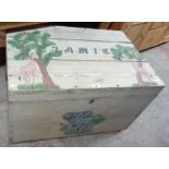 A 36" old pine lift-top trunk with later painted African animals and name "Jamie"