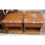 A pair or 19" modern stained pine effect bedside units, each with single drawer and recess, set on
