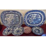 Two Willow pattern meat plates - sold with plates and two Delft pattern plates, etc.