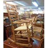 An elm ladder back rocking chair with woven string seat and turned supports - sold with a foot stool