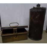 A copper cash tin and a copper hot water bottle with release valve lid