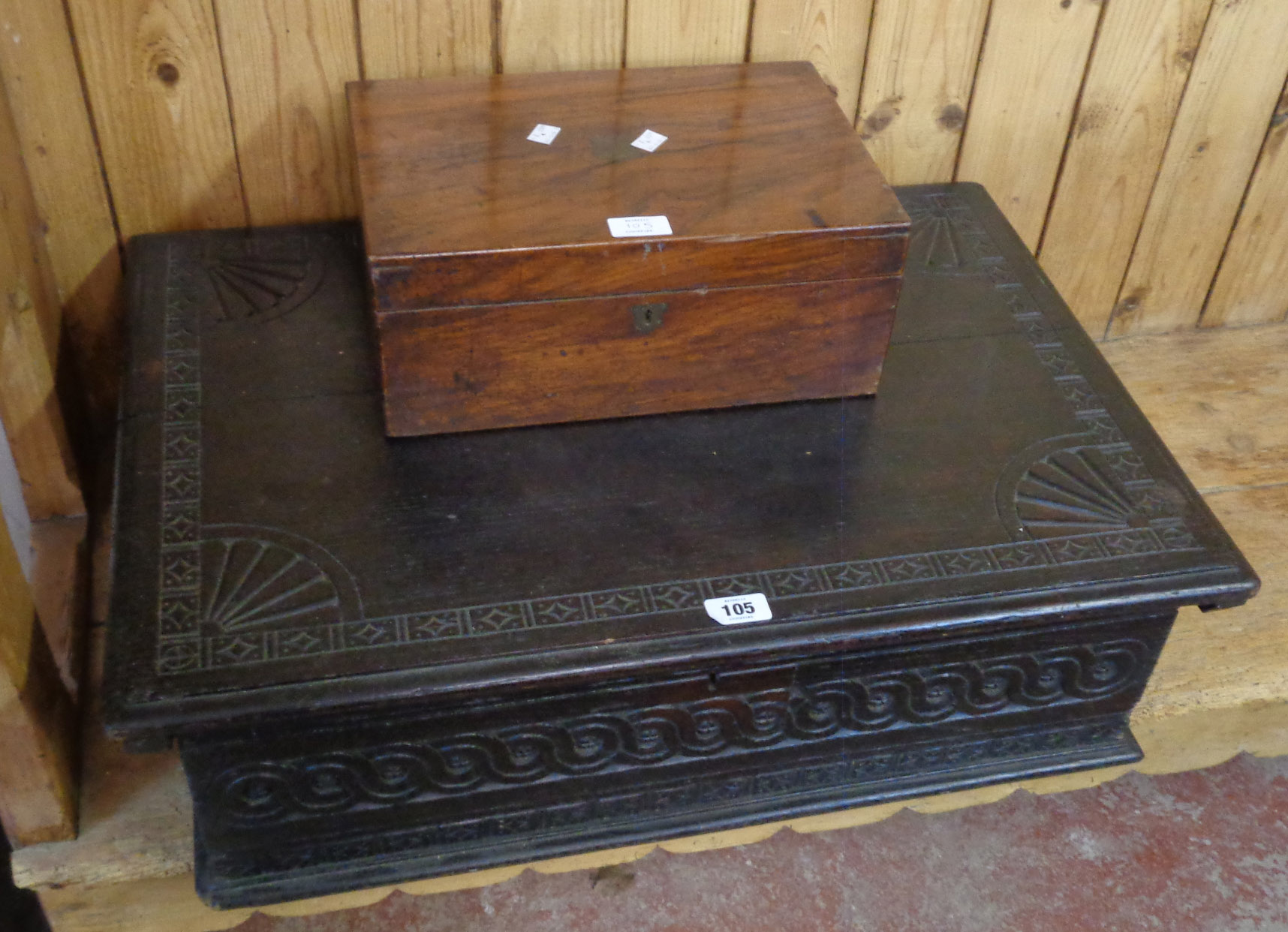 A 28 1/2" antique stained oak bible box with carved and incised decoration - sold with a 14"