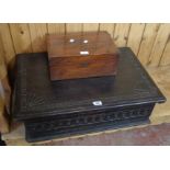 A 28 1/2" antique stained oak bible box with carved and incised decoration - sold with a 14"