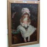A gilt framed Pears print, depicting a seated girl with lace bonnet and pink ribbon