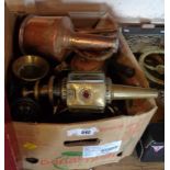 A box containing a quantity of carriage lamps, coffee pot, etc.