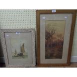 A framed watercolour, depicting a naive scene with fishing boat and other craft - signed DC - sold