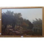 Dawson: a gilt framed oil on canvas, depicting a river scene with figures gathering firewood and