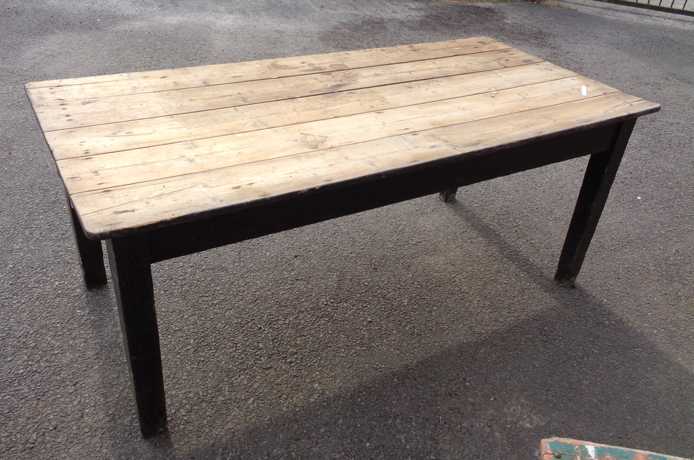 A Victorian part painted pine two drawer kitchen table with drawer to each end - length 6'