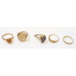 Five hallmarked 375 gold rings - various styles and age