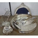 A silver plated gallery tray, ladles, tea strainer, and toast rack etc.