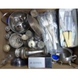 A box containing a quantity of assorted silver plated items, Elkington and other cutlery, etc.