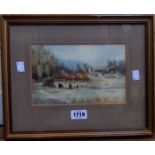 Thomas Binmore: a framed watercolour, depicting a landscape with river, bridge and village